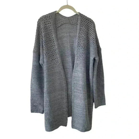 Gray Long Line Cardigan Sweater Open Front Open Knit Top Classic Long Sleeves - Picture 1 of 9